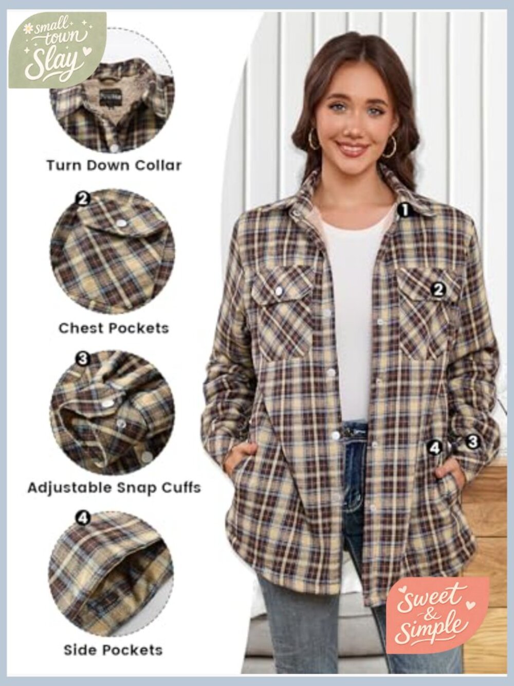 Fleece Lined Flannel Button Down Shirt Jacket Cotton Plaid Sherpa - Picture 6 of 7